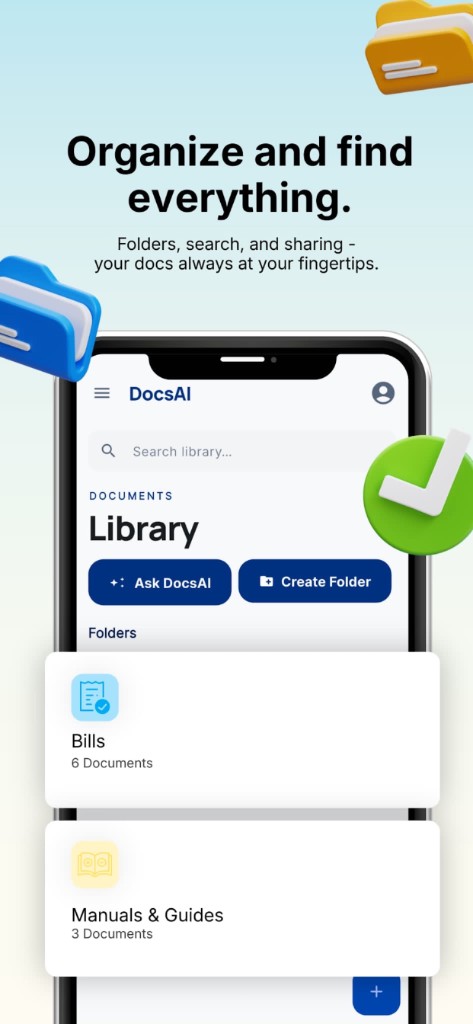 DocsAI library with folders, search, and Ask DocsAI