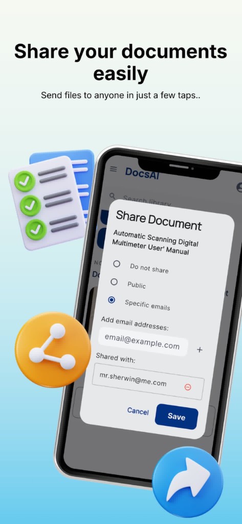 DocsAI share document dialog with email options