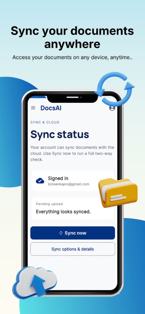 DocsAI sync status screen with cloud sync