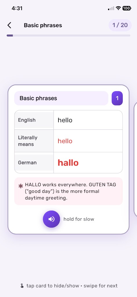 Saymora flashcard for the word hello