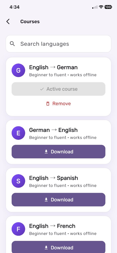 Saymora courses list with search and download buttons