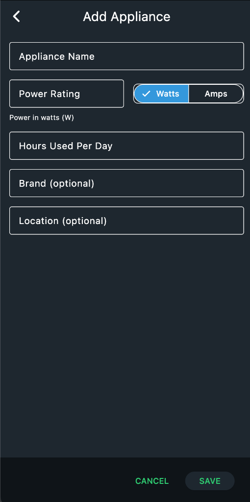 WattWise App Screen - Add Appliance
