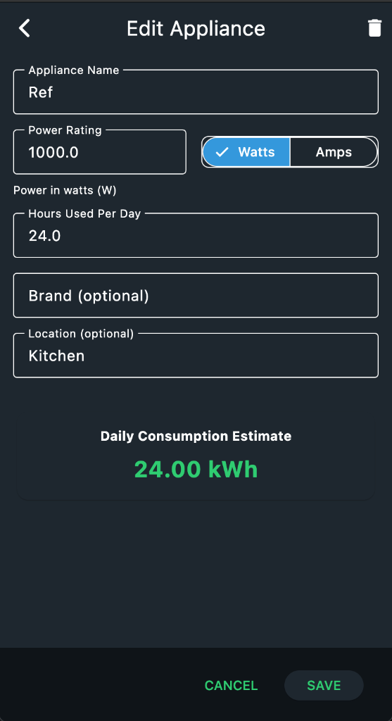WattWise App Screen - Appliance Editor